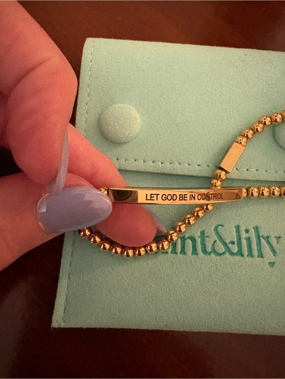 Gold Tone Mint&Lily Inspirational Bar Bracelet - "Let God Be In Control"